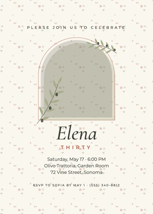 Olive Branch — Adult Classics birthday invitation with a photo window