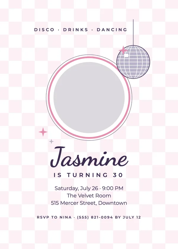 Disco Night — Adult Classics birthday invitation with a photo window