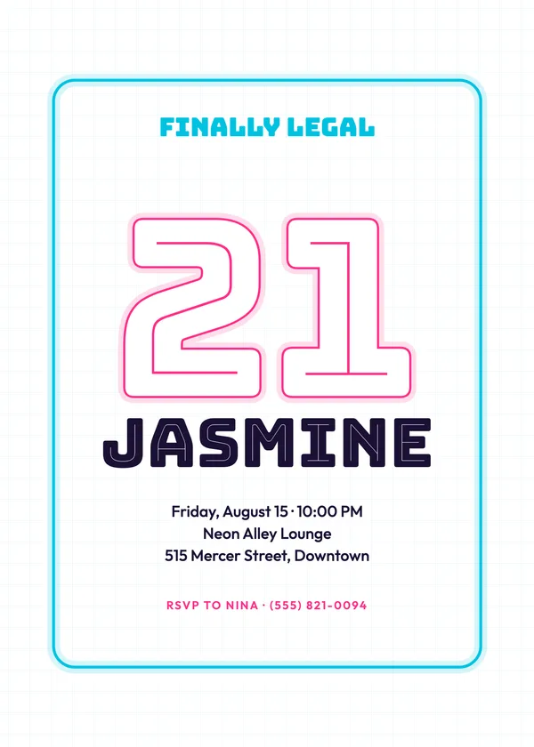 Neon 21 — Twenty-One birthday invitation
