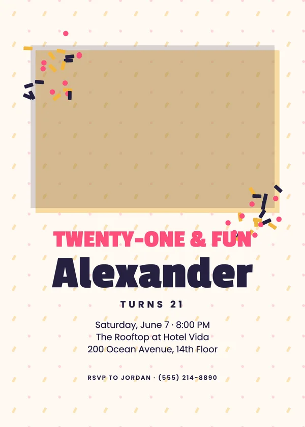 Confetti 21 — Twenty-One birthday invitation with a photo window