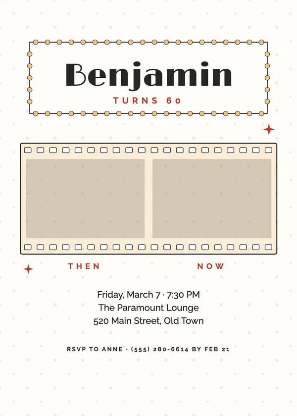 Film Strip — Then & Now birthday invitation with a photo window