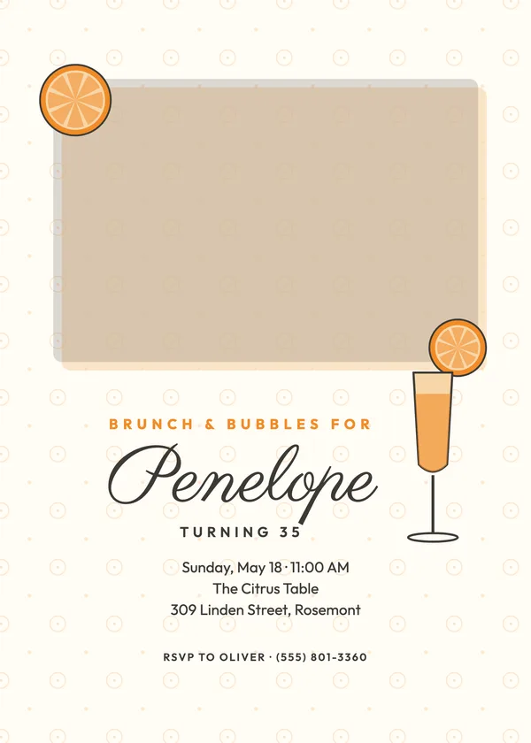 Brunch Mimosa — Sip birthday invitation with a photo window