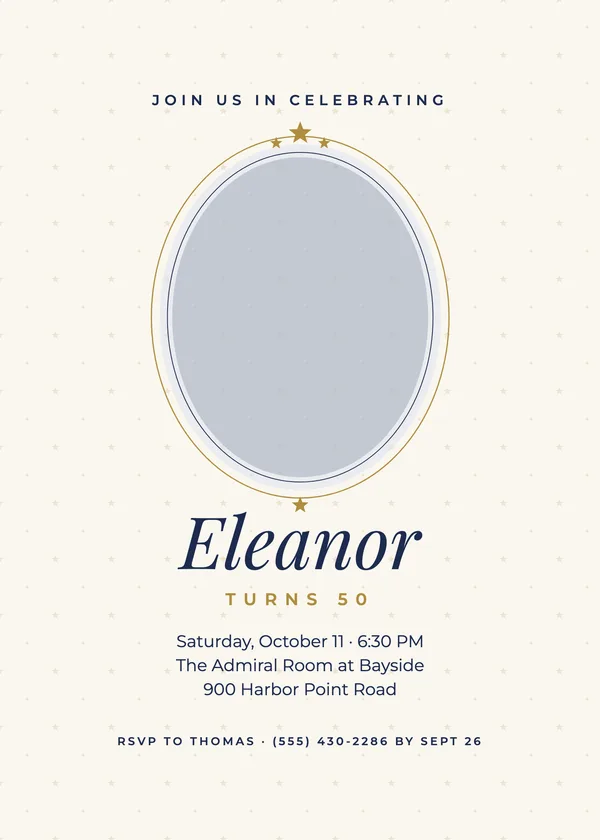 Navy & Gold — Formal birthday invitation with a photo window