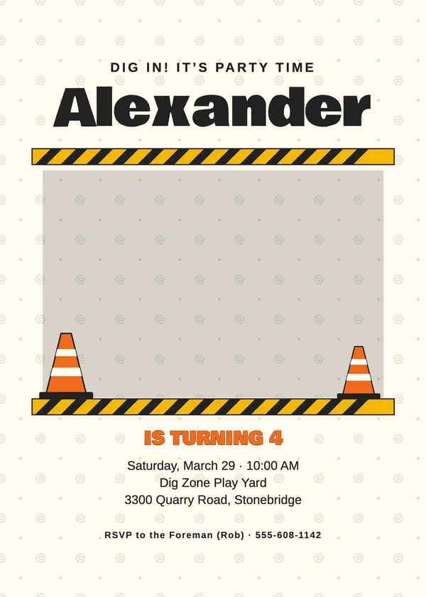 Construction Zone — Big Machines birthday invitation with a photo window