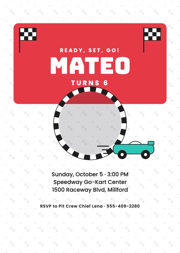 Race Day — Big Machines birthday invitation with a photo window