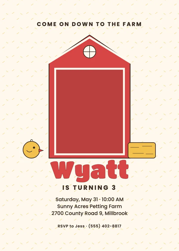 Barnyard — Animal Friends birthday invitation with a photo window
