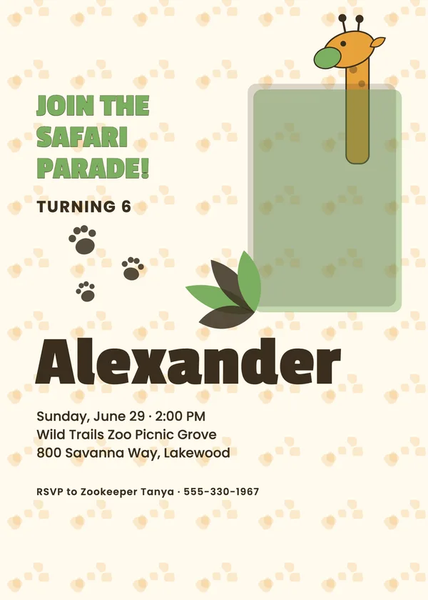 Safari Parade — Animal Friends birthday invitation with a photo window