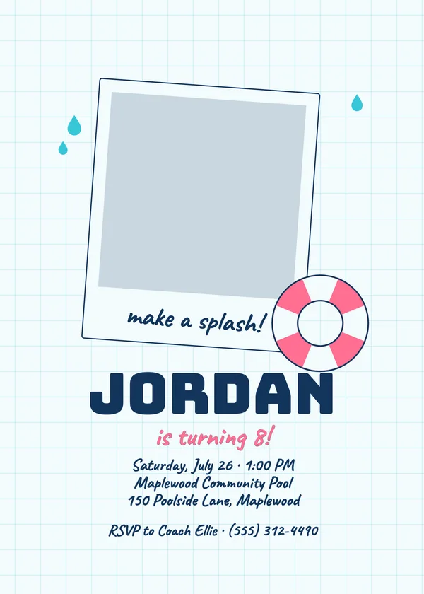 Pool Party — Splash & Sun birthday invitation with a photo window