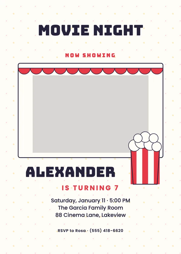 Movie Night — Night In birthday invitation with a photo window