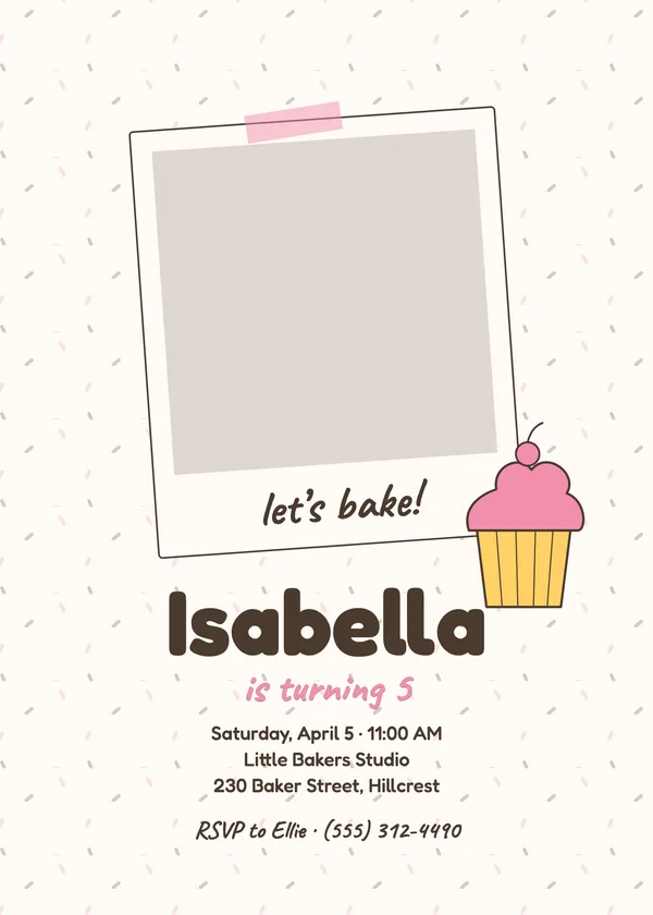 Cupcake Bake — Sweet Treats birthday invitation with a photo window