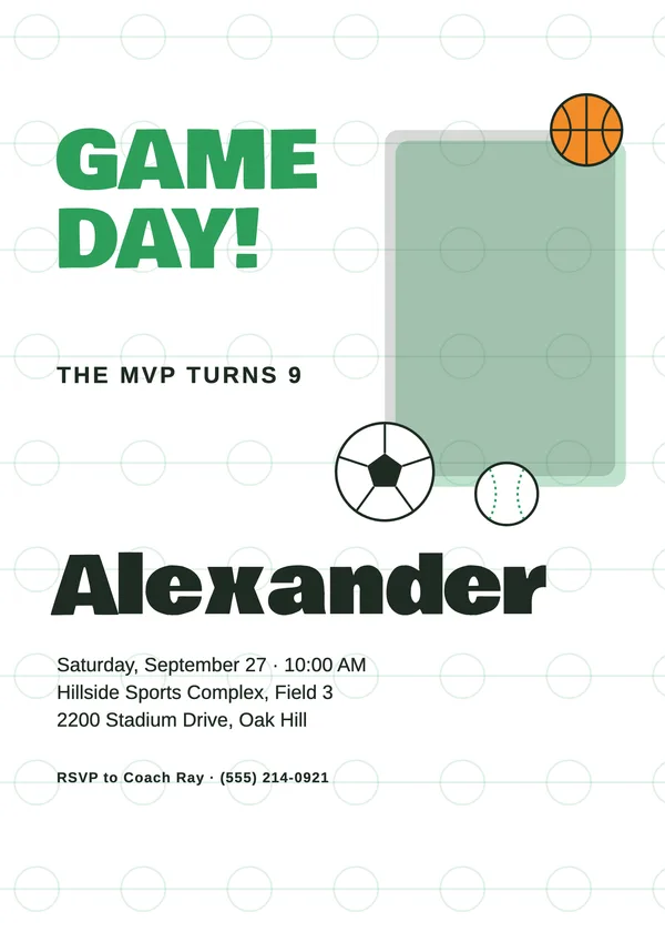 Game Day — Big Top & Games birthday invitation with a photo window