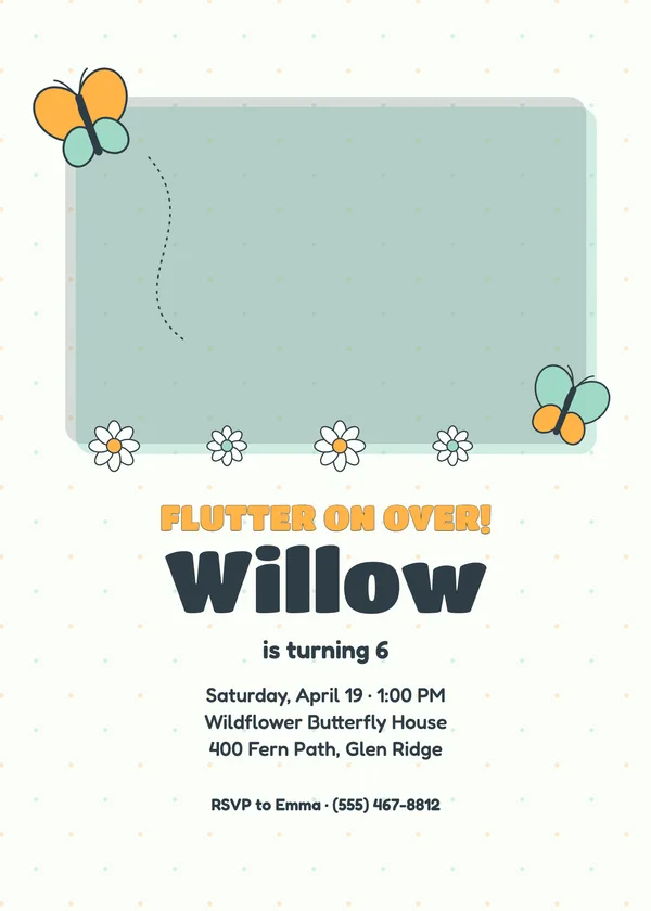 Butterfly Garden — Little Dreamers birthday invitation with a photo window