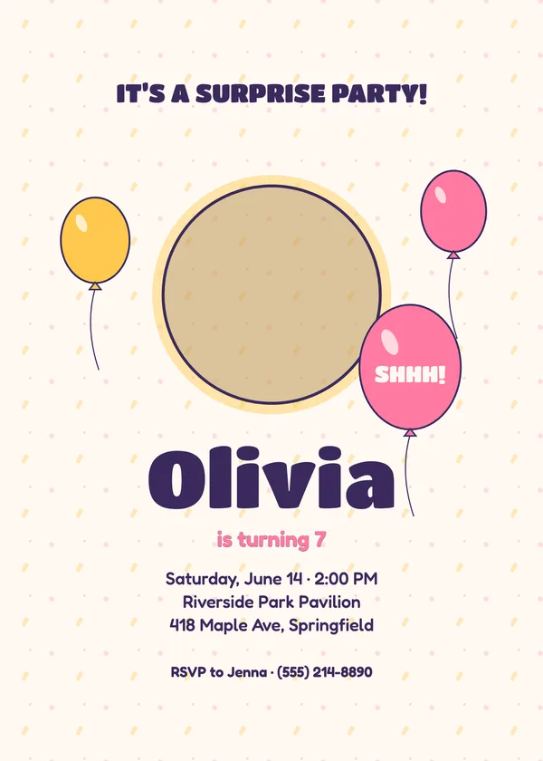 Shhh Balloons — Shhh Kids birthday invitation with a photo window