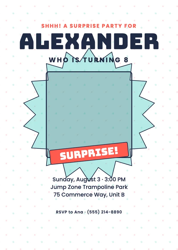 Surprise Burst — Shhh Kids birthday invitation with a photo window