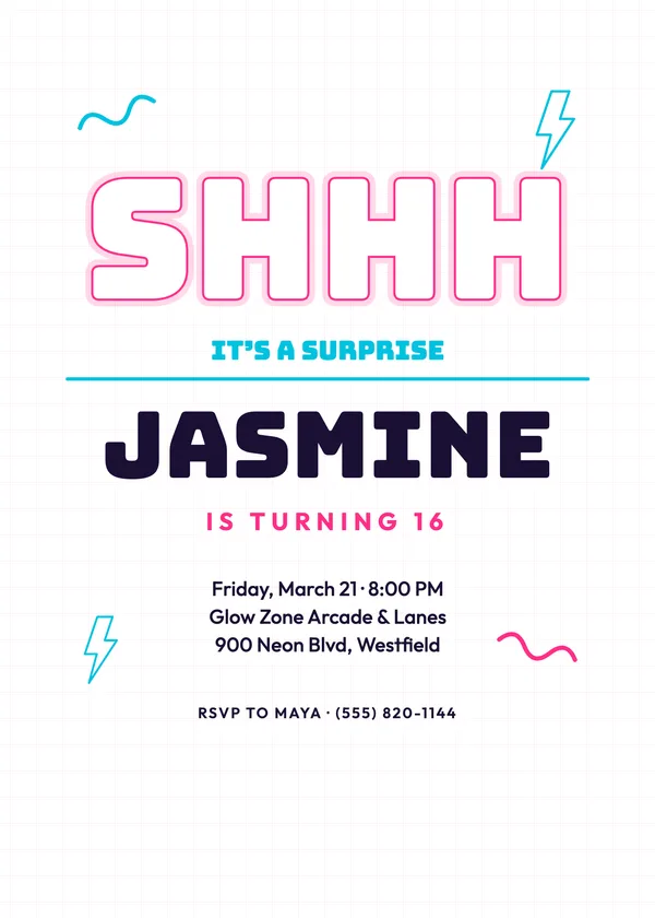 Shhh Neon — Shhh Teen birthday invitation