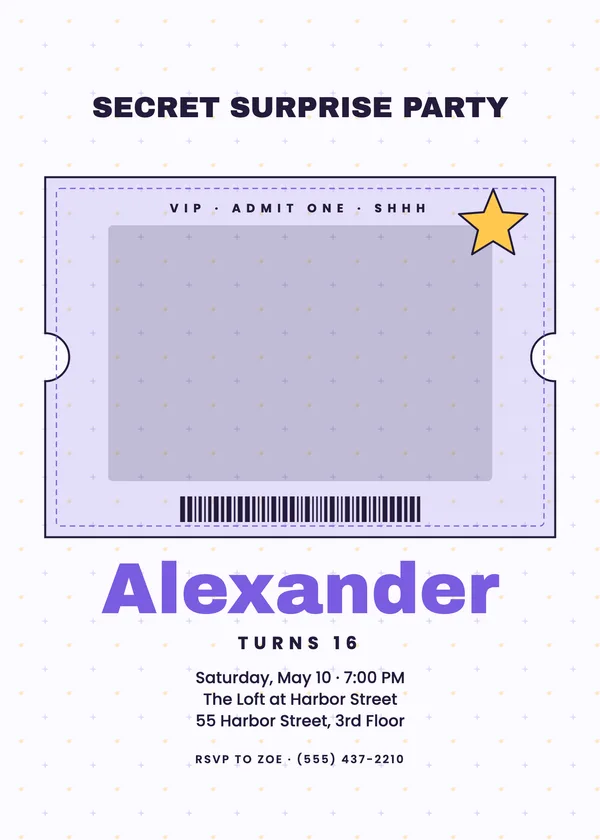Secret Party Pass — Shhh Teen birthday invitation with a photo window