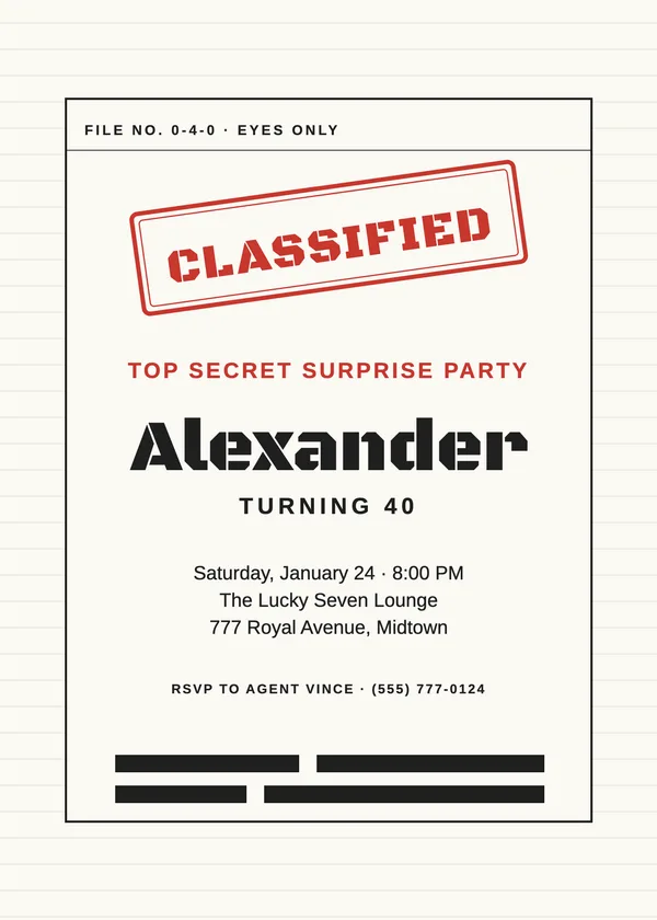 Classified Stamp — Top Secret birthday invitation