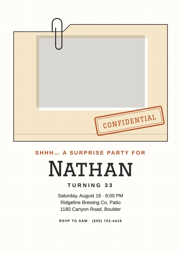 Confidential File — Top Secret birthday invitation with a photo window