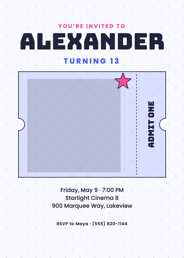 Ticket Stub — Officially Teen birthday invitation with a photo window