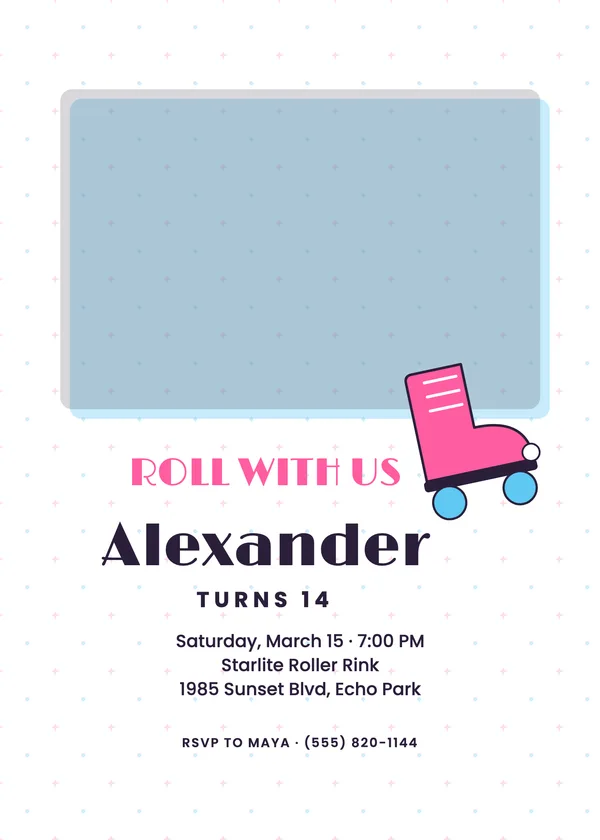 Roller Rink — Skate & Arcade birthday invitation with a photo window