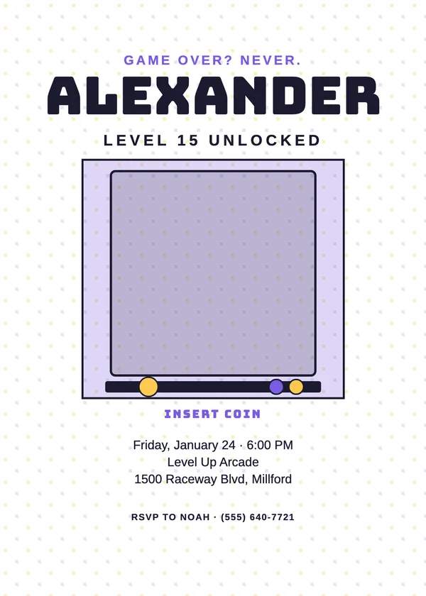 Arcade Night — Skate & Arcade birthday invitation with a photo window