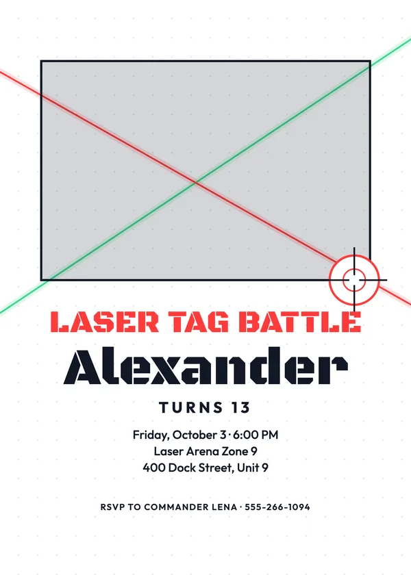 Laser Tag — Game On birthday invitation with a photo window