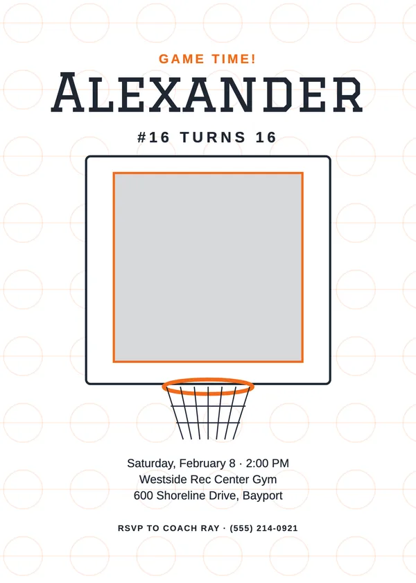 Hoops — Sports birthday invitation with a photo window