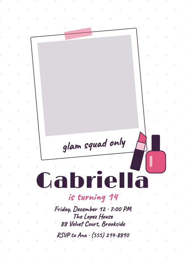 Sleepover Glam — Spa & Chill birthday invitation with a photo window