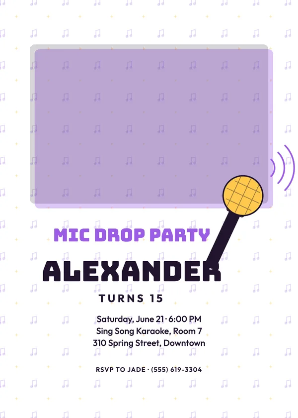 Karaoke Mic — Street & Sound birthday invitation with a photo window