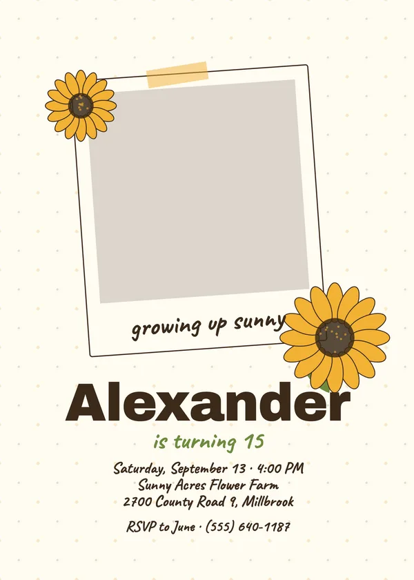 Sunflower — Picnic & Boho birthday invitation with a photo window