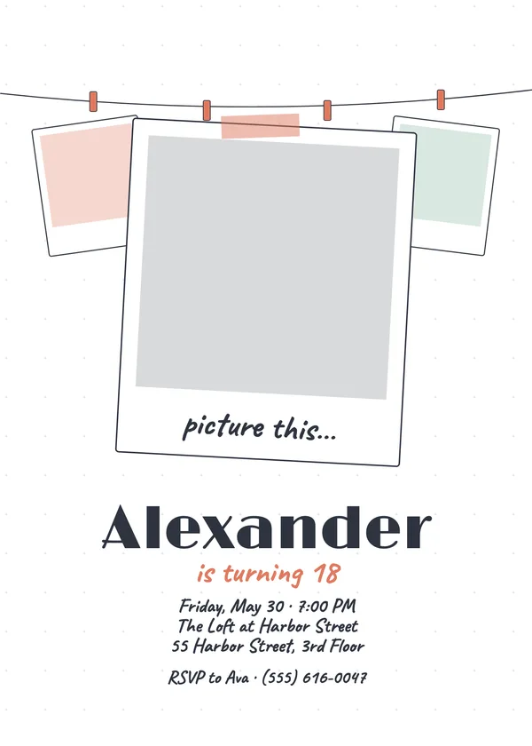 Instant-Photo Wall — Show Night birthday invitation with a photo window