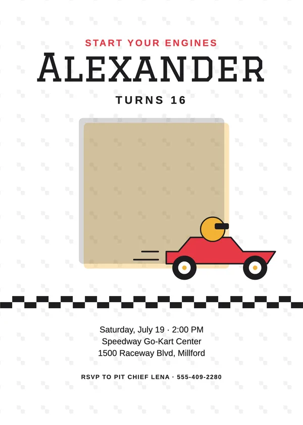 Go-Kart — Adventure birthday invitation with a photo window