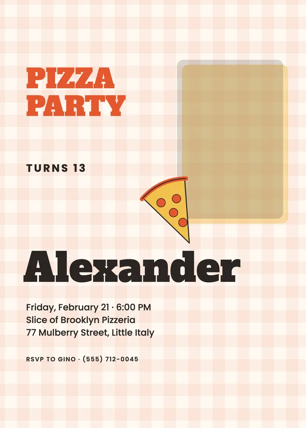 Pizza Night — Pizza & Pool birthday invitation with a photo window