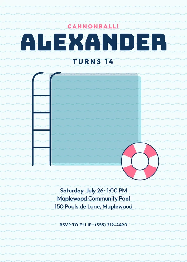 Pool Party — Pizza & Pool birthday invitation with a photo window