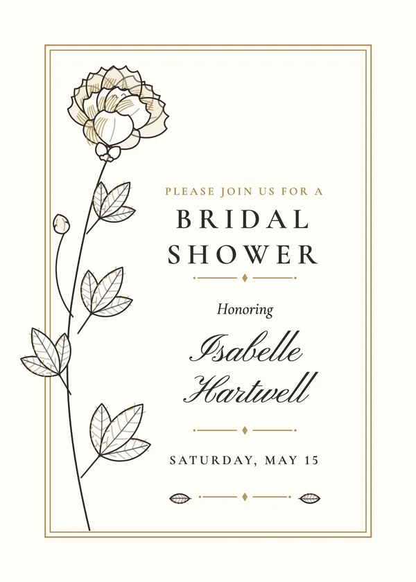 Fine-Line Peony invitation in gold & ivory