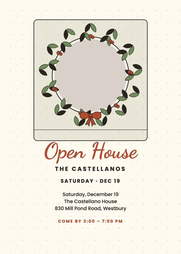 Wreath Portrait — Open House Christmas party invitation with a photo window