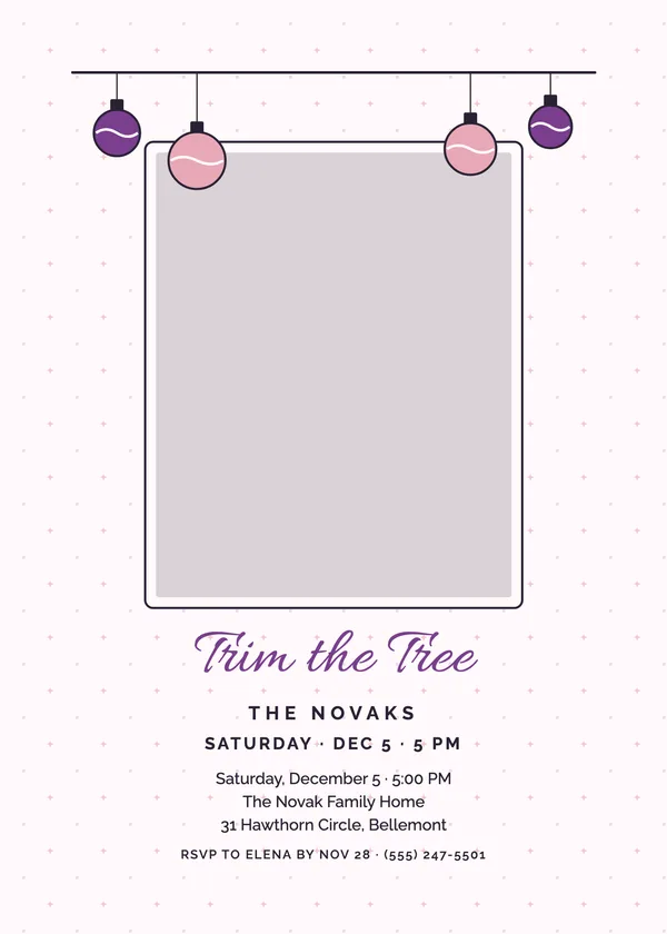 Ornament Rail — Tree Trimming Christmas party invitation with a photo window
