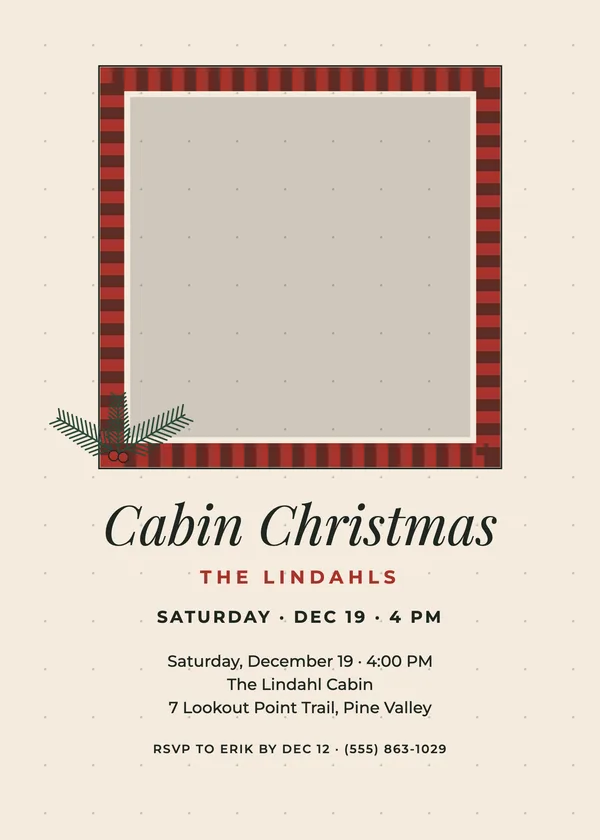 Check Frame — Rustic Plaid Christmas party invitation with a photo window