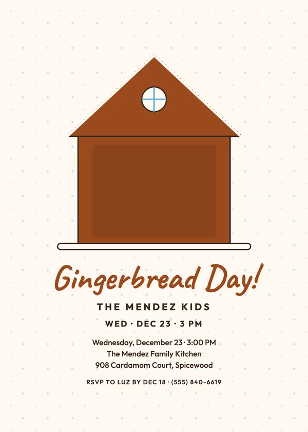 Cookie Cottage — Gingerbread Christmas party invitation with a photo window
