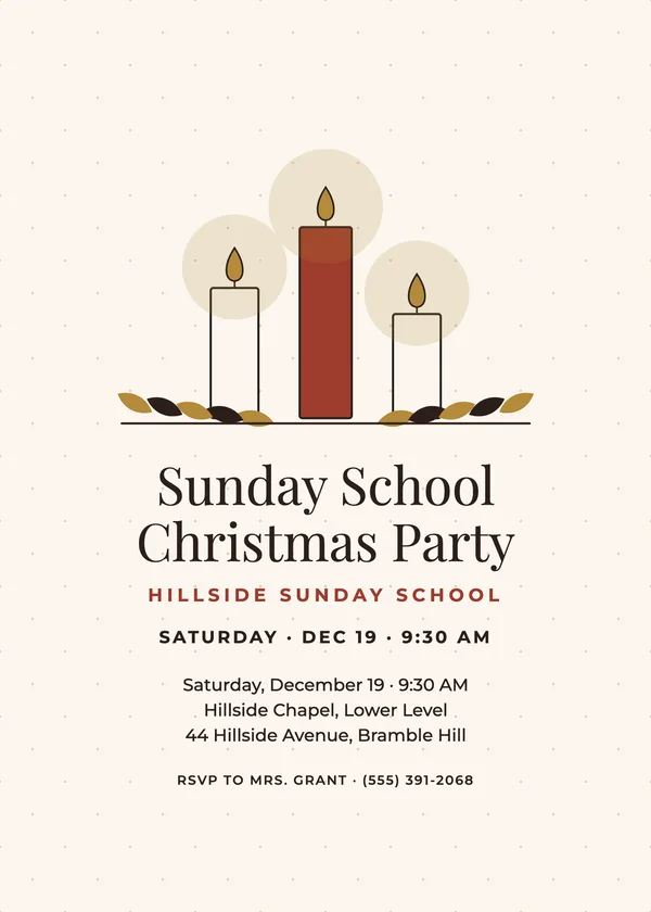 Three Candles — Church & Sunday School Christmas party invitation