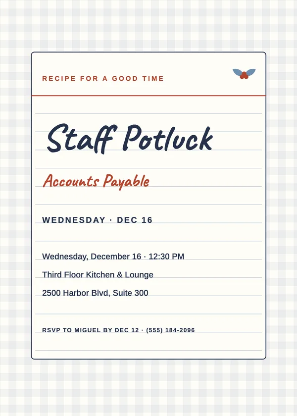 Recipe Card — Staff Potluck Christmas party invitation