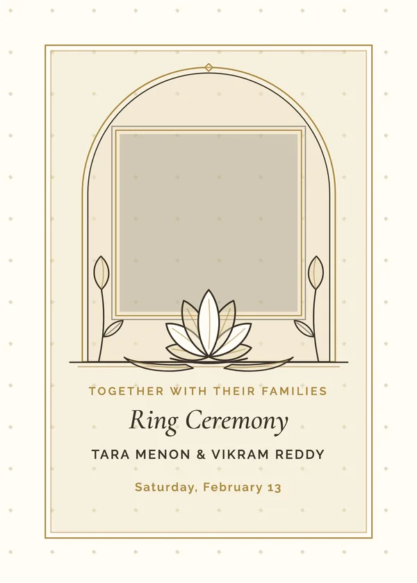 Lotus Arch Photo — Modern South Asian engagement invitation with a photo window
