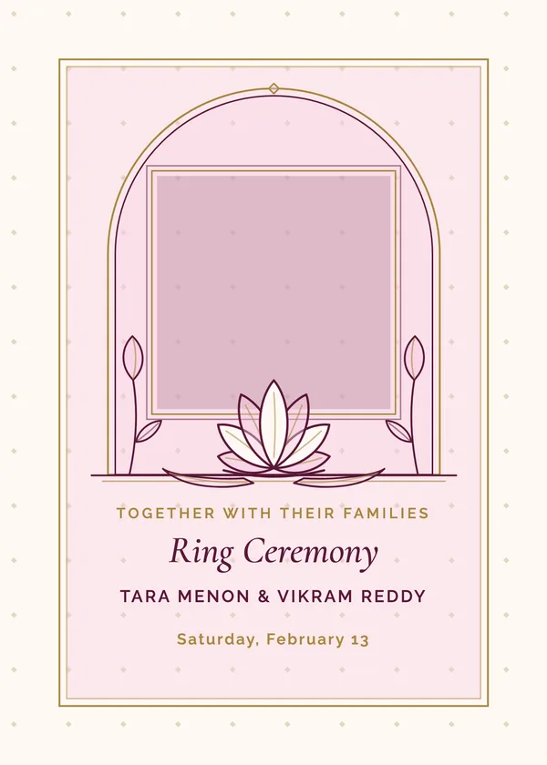 Lotus Arch Photo — Modern South Asian engagement invitation with a photo window