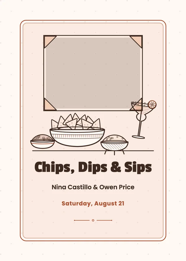 Chips Photo — Chips, Dips & Sips engagement invitation with a photo window