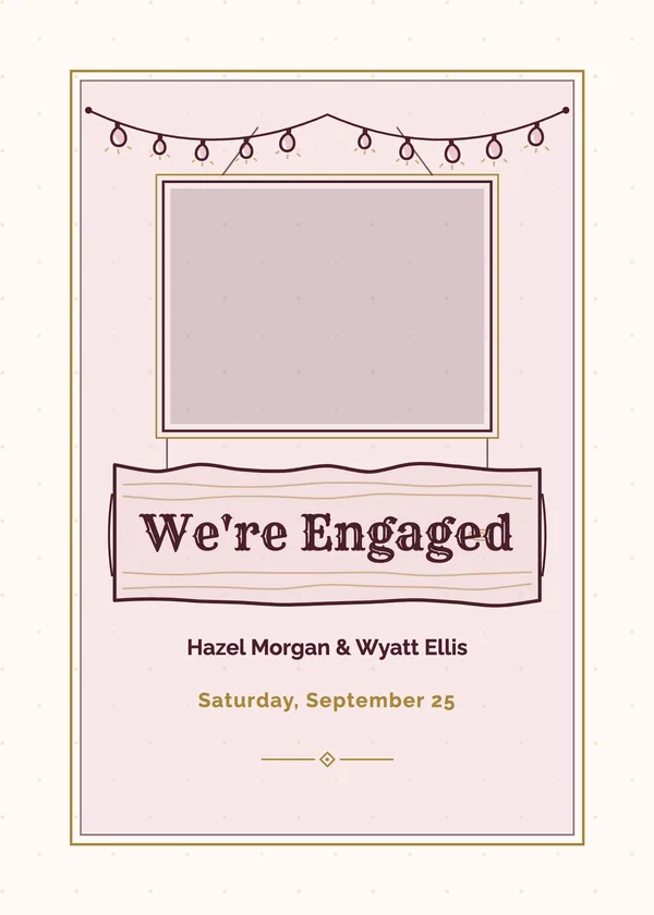 Wood Slab Photo — Rustic Wood & Lights engagement invitation with a photo window