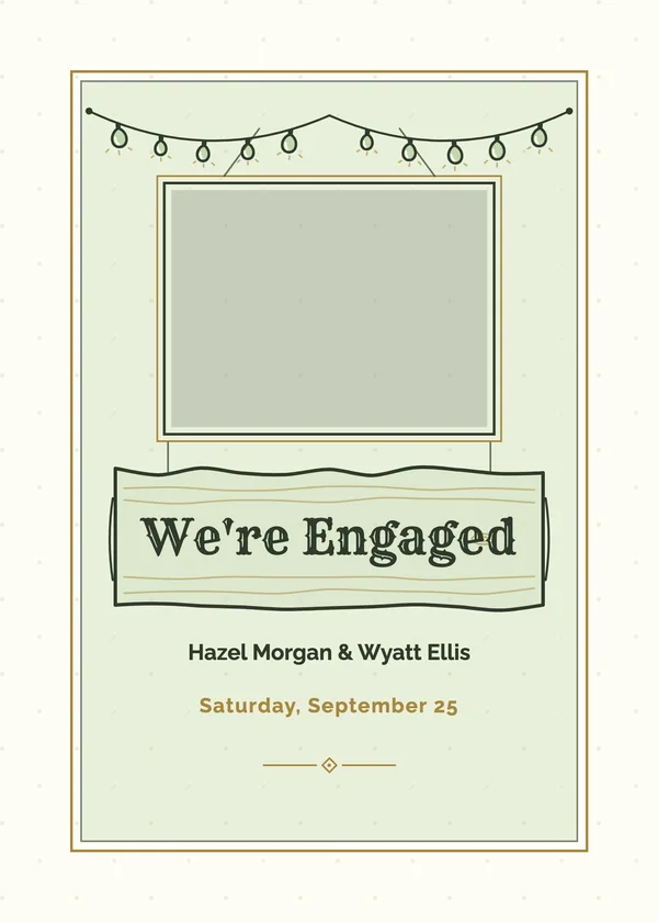 Wood Slab Photo — Rustic Wood & Lights engagement invitation with a photo window