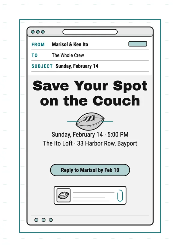 Save Your Spot on the Couch — Text & Email football party invitation