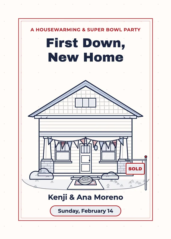 First Down, New Home — two parties in one football party invitation
