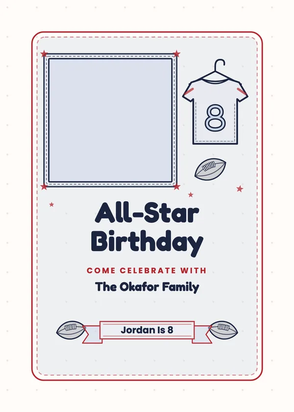 All-Star Birthday — Football Birthday football party invitation with a photo window