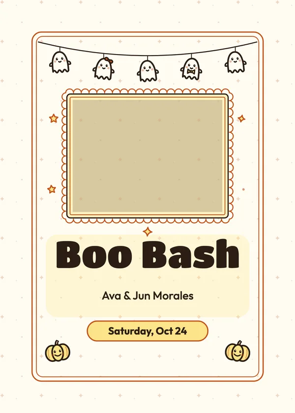 Ghost Garland — Boo Bash Halloween invitation with a photo window